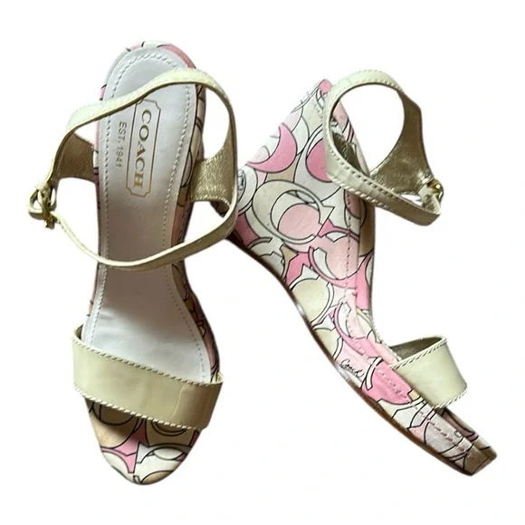 Coach Women's Pink and Yellow Patterned Wedge Sandals Size:8 - Picture 1 of 14